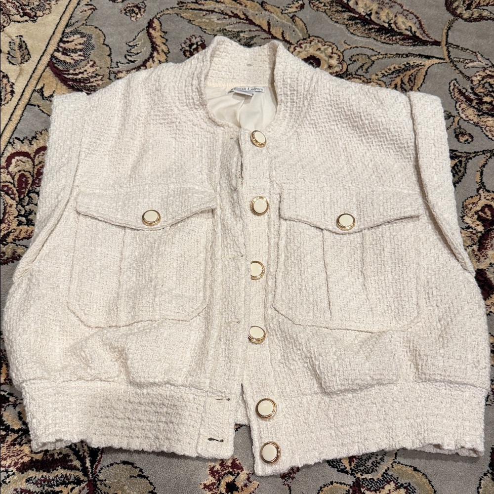 Christian Pacroix Cream Bouclé Button Vest with Gold Accents